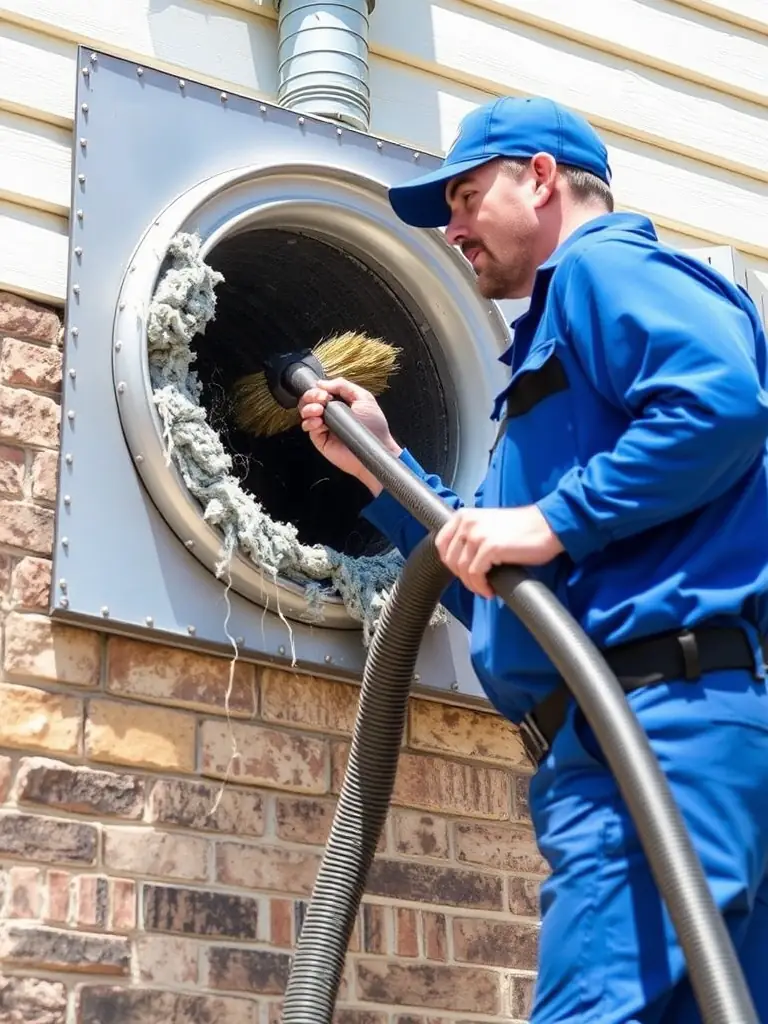 A technician using specialized equipment to thoroughly clean a dryer vent, removing lint and debris to prevent fire hazards.
