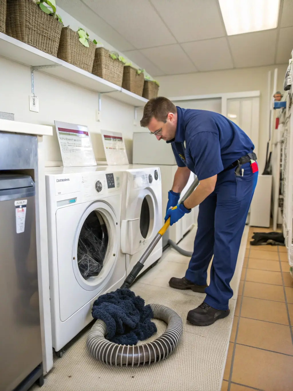 A technician inspecting a dryer vent for damage and performing necessary repairs to ensure safe and efficient operation.
