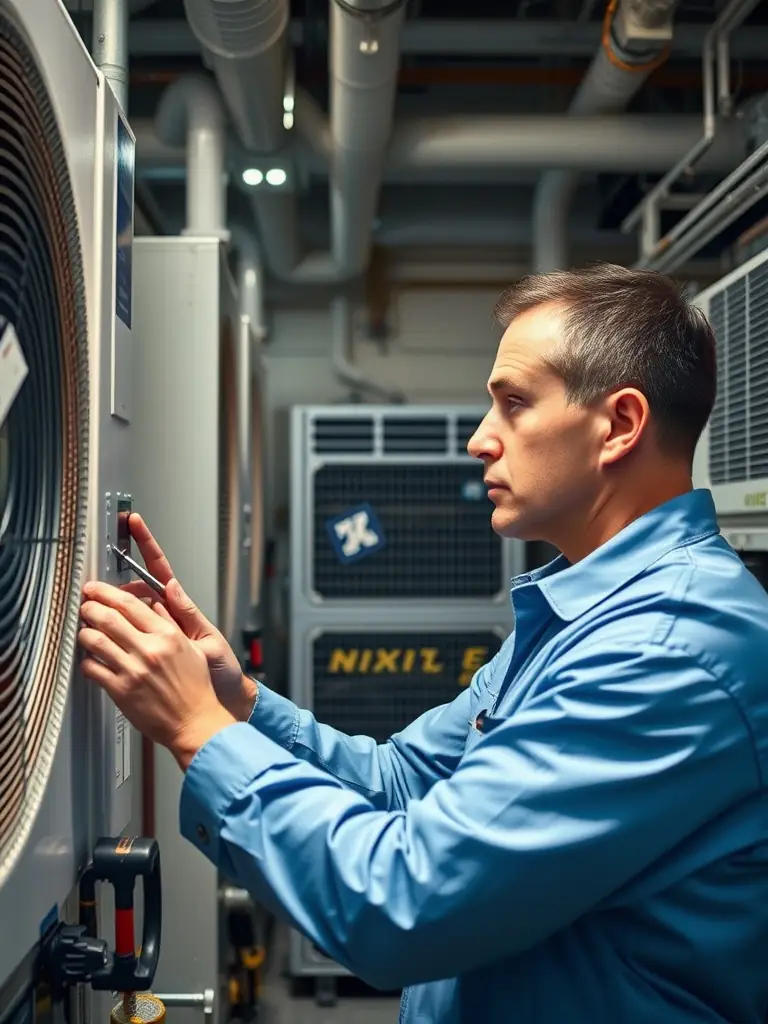 A technician refilling the refrigerant in a mini AC split system, using specialized equipment to ensure the correct levels and optimal cooling performance, with gauges and refrigerant tanks visible.