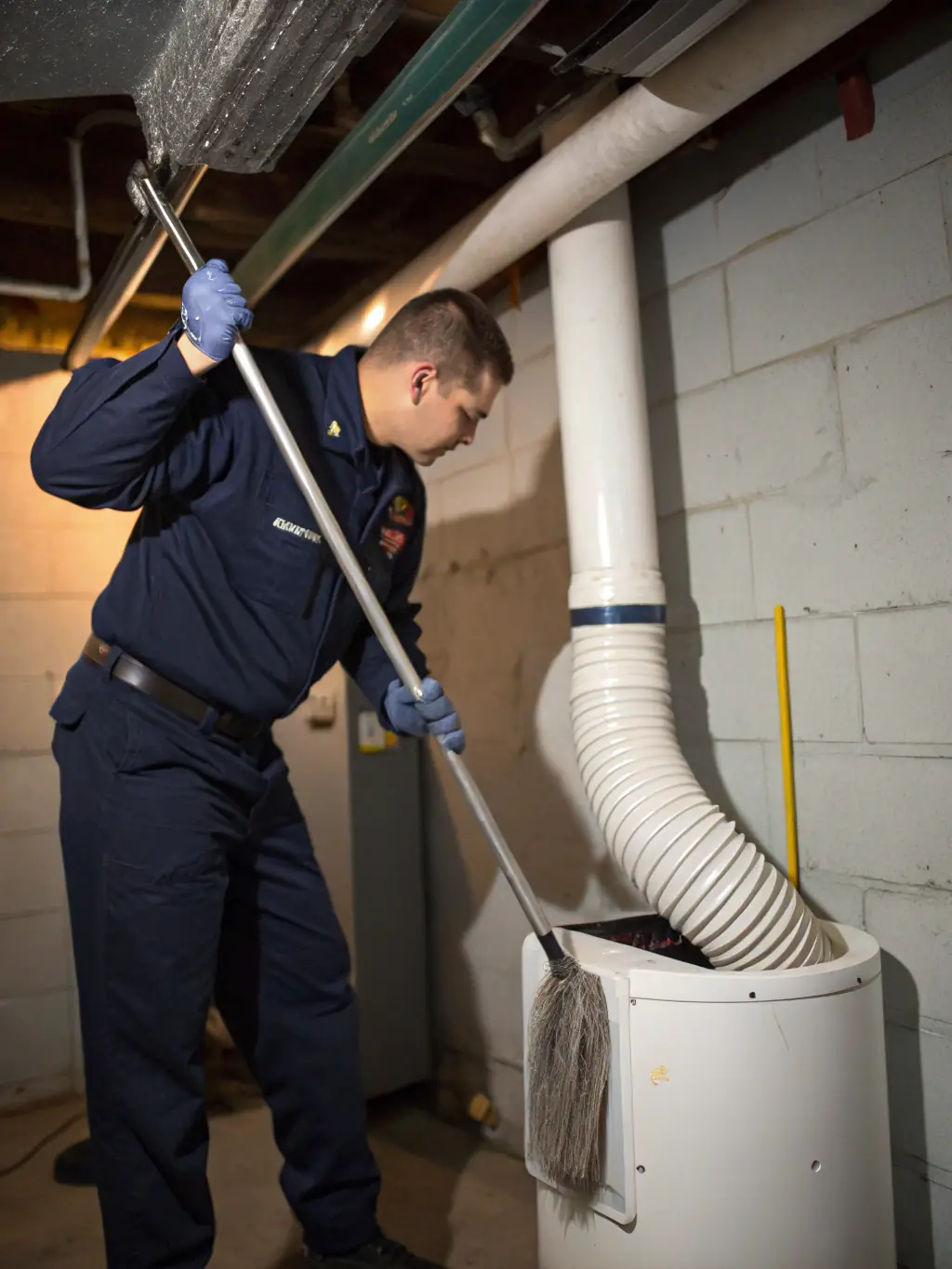 A technician cleaning a dryer vent using specialized brushes and vacuum equipment, removing lint and debris to prevent fire hazards and improve drying efficiency, with before-and-after comparison visible.