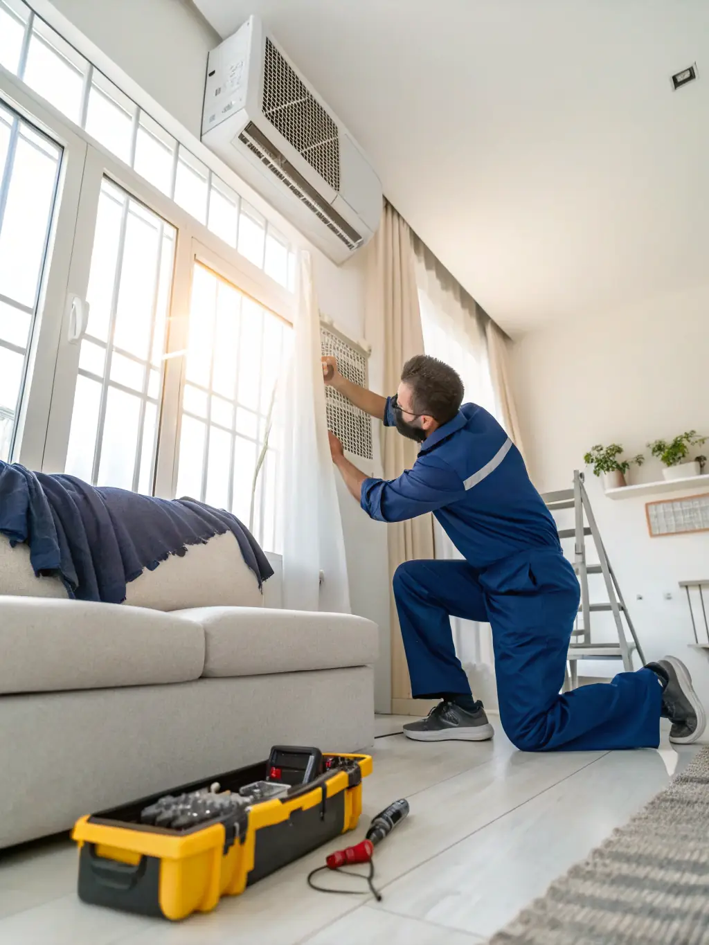 A technician expertly repairing a leaking mini AC split unit, replacing damaged parts and ensuring a secure, leak-free seal, with tools and replacement components visible.
