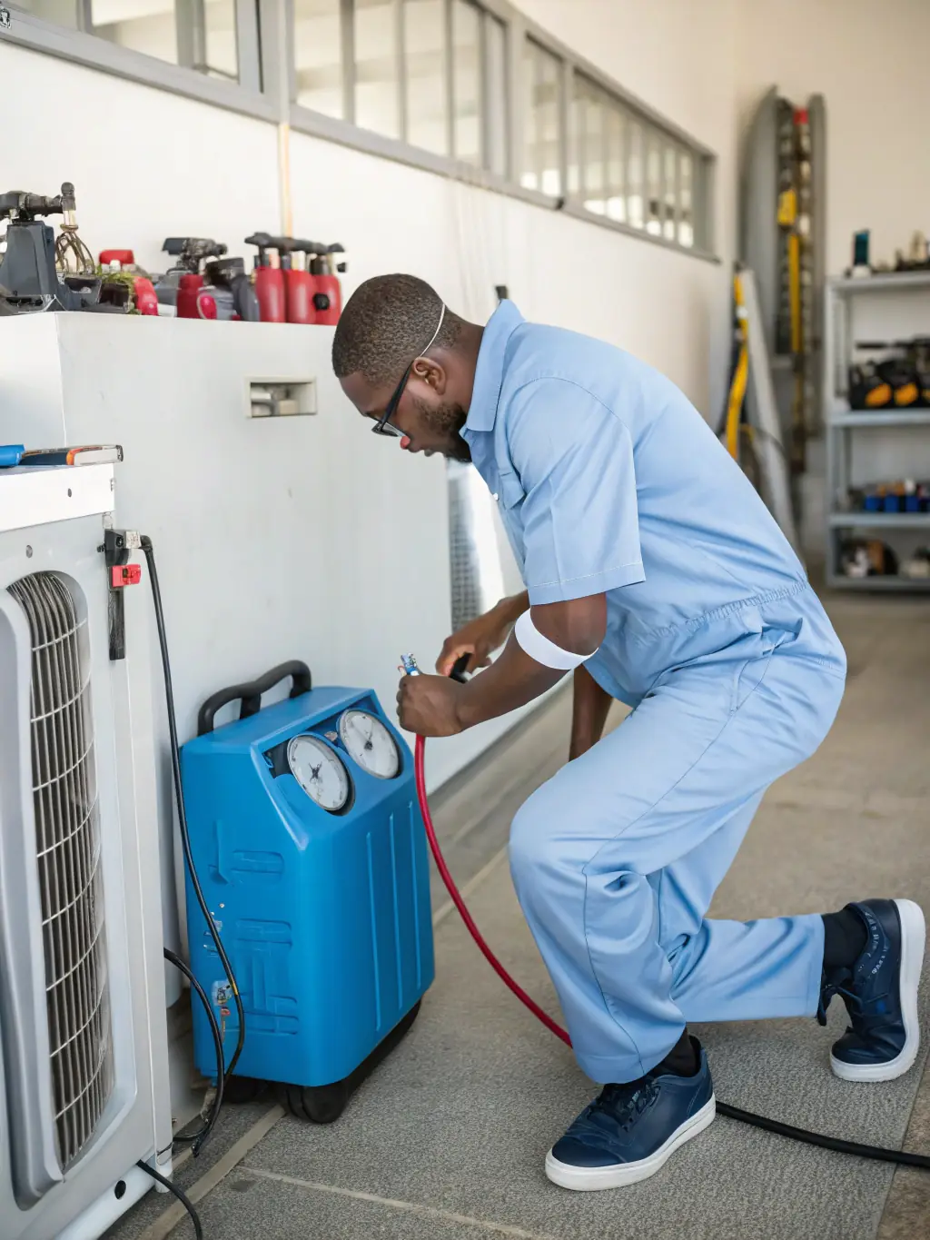 A technician expertly repairing a mini AC split unit, focusing on fixing a leak with precision tools and equipment.