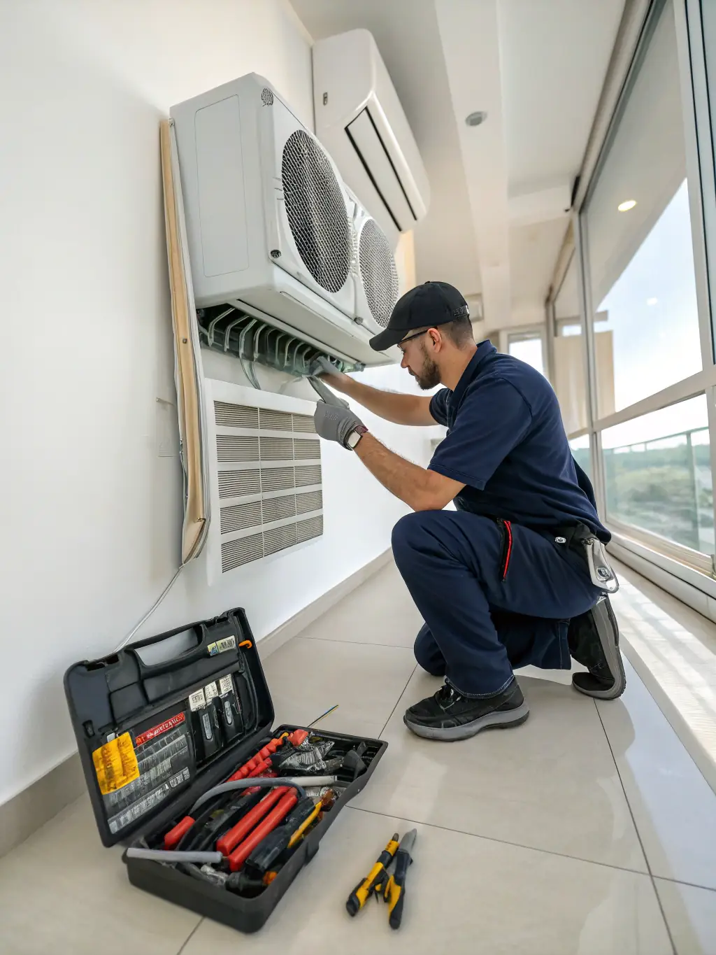A technician meticulously cleaning the internal components of a mini AC split system with specialized tools, ensuring thorough removal of dust and mold, in a well-lit environment.